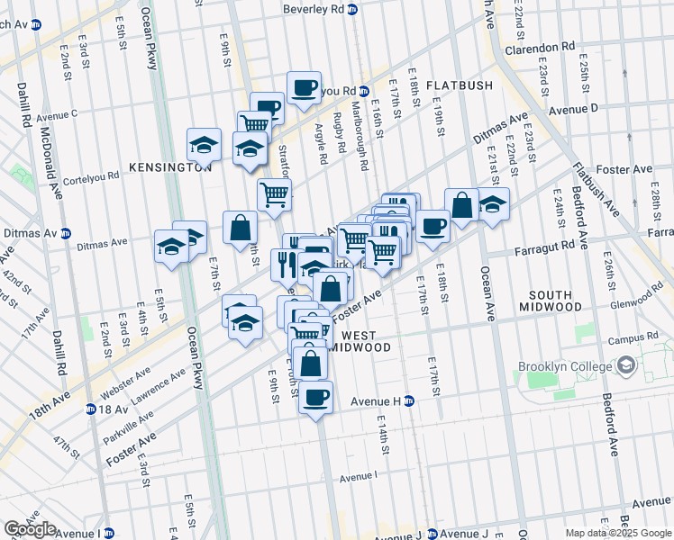 map of restaurants, bars, coffee shops, grocery stores, and more near 1301 Newkirk Avenue in Brooklyn