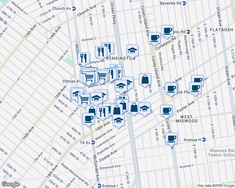 map of restaurants, bars, coffee shops, grocery stores, and more near 702 East 5th Street in Brooklyn