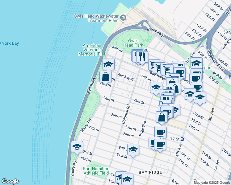 map of restaurants, bars, coffee shops, grocery stores, and more near 86 72nd Street in Brooklyn