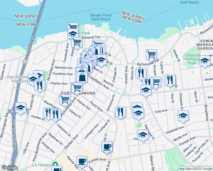 map of restaurants, bars, coffee shops, grocery stores, and more near 86 Bond Street in Staten Island