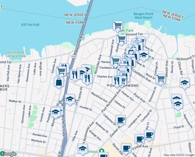 map of restaurants, bars, coffee shops, grocery stores, and more near 201 Nicholas Avenue in Staten Island