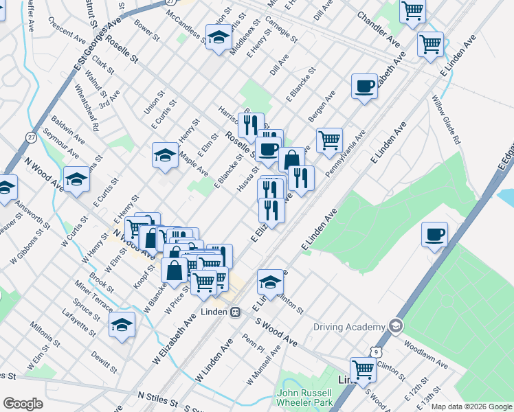 map of restaurants, bars, coffee shops, grocery stores, and more near 200 Maple Avenue in Linden