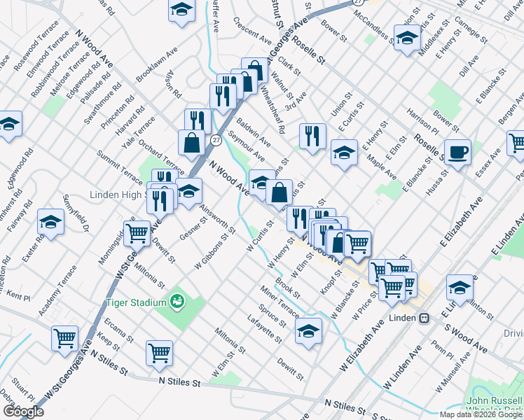 map of restaurants, bars, coffee shops, grocery stores, and more near in Linden