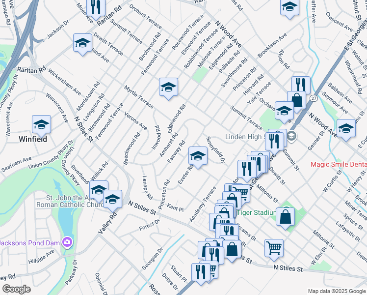 map of restaurants, bars, coffee shops, grocery stores, and more near 520 Fairway Road in Linden