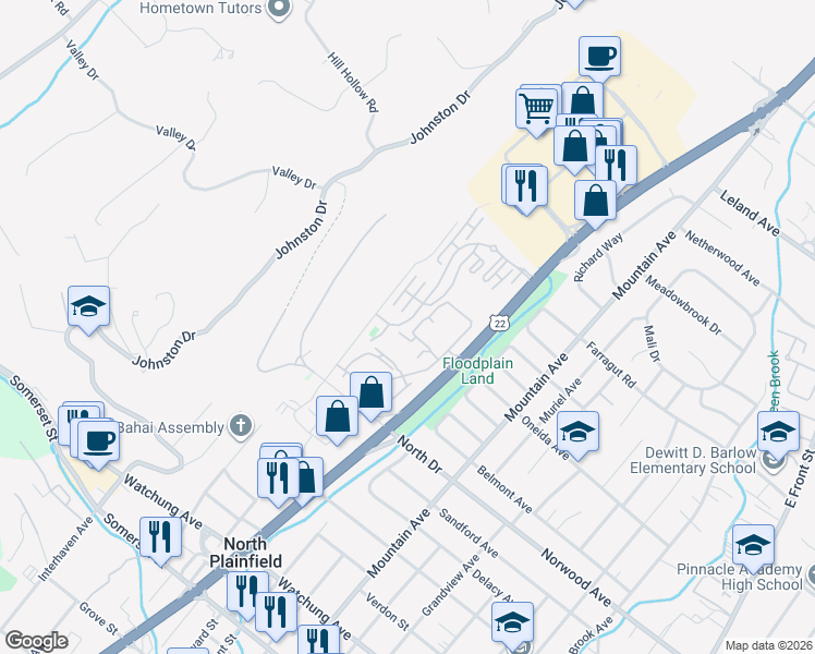 map of restaurants, bars, coffee shops, grocery stores, and more near 401 U.S. 22 in North Plainfield