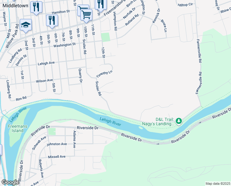 map of restaurants, bars, coffee shops, grocery stores, and more near 1410 Sculac Road in Bethlehem