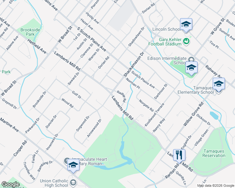 map of restaurants, bars, coffee shops, grocery stores, and more near 1568 Radley Road in Westfield
