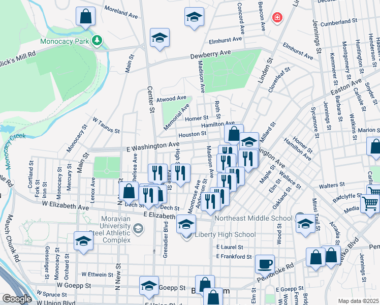 map of restaurants, bars, coffee shops, grocery stores, and more near 1553 Jefferson Avenue in Bethlehem