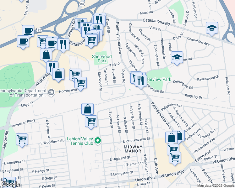 map of restaurants, bars, coffee shops, grocery stores, and more near Pinehurst Court in Allentown
