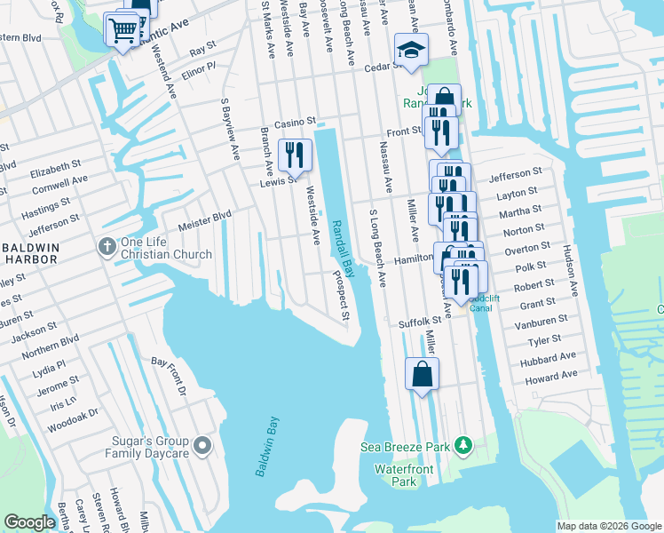 map of restaurants, bars, coffee shops, grocery stores, and more near 311 Westside Avenue in Freeport