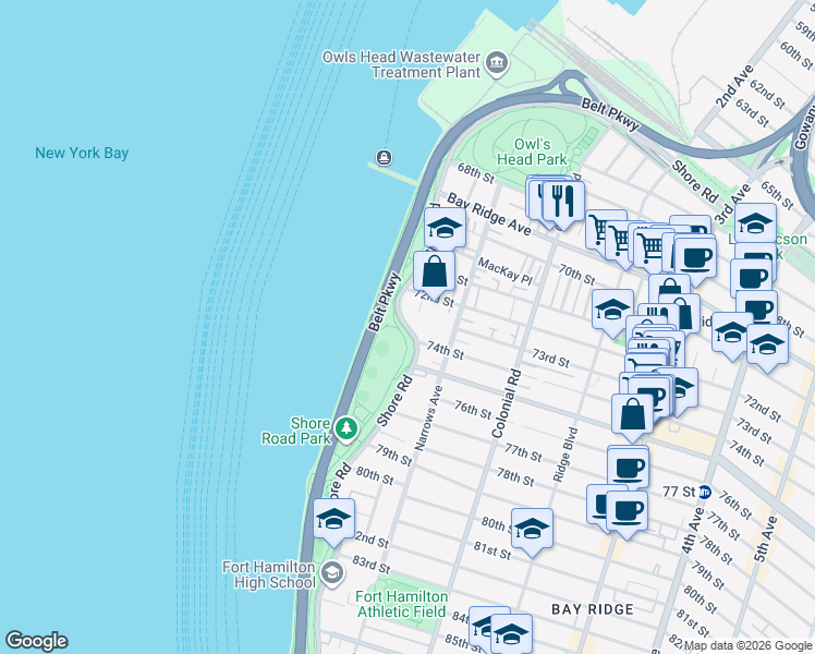 map of restaurants, bars, coffee shops, grocery stores, and more near 7243 Shore Road in Brooklyn