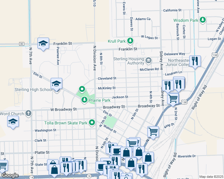 map of restaurants, bars, coffee shops, grocery stores, and more near 931 North 7th Street in Sterling