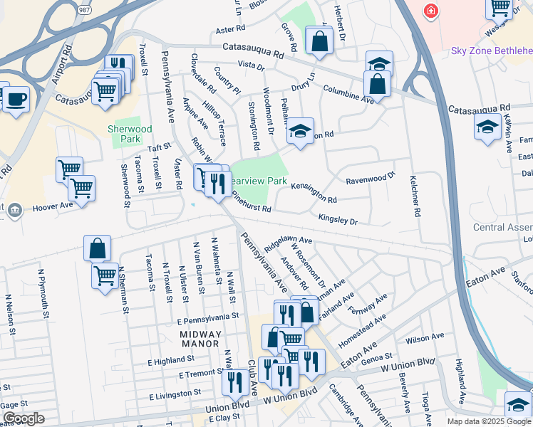 map of restaurants, bars, coffee shops, grocery stores, and more near 2205 Pinehurst Road in Bethlehem