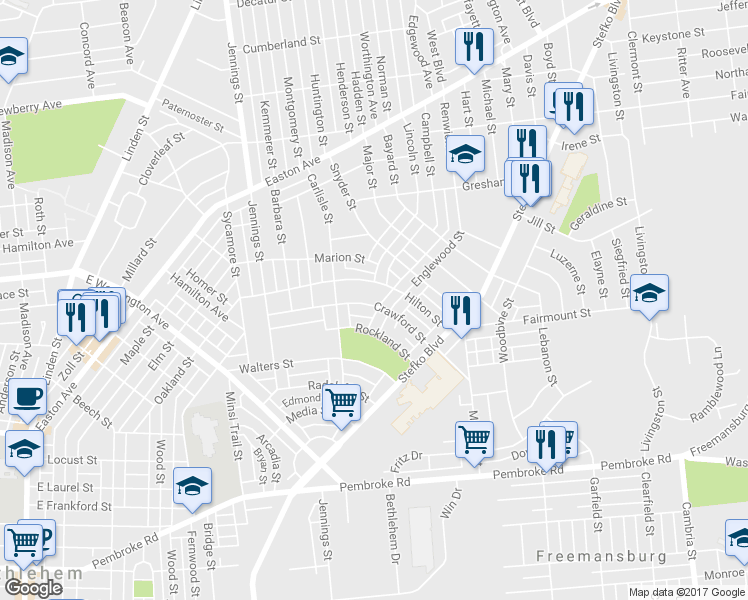 map of restaurants, bars, coffee shops, grocery stores, and more near 943 Crawford Street in Bethlehem