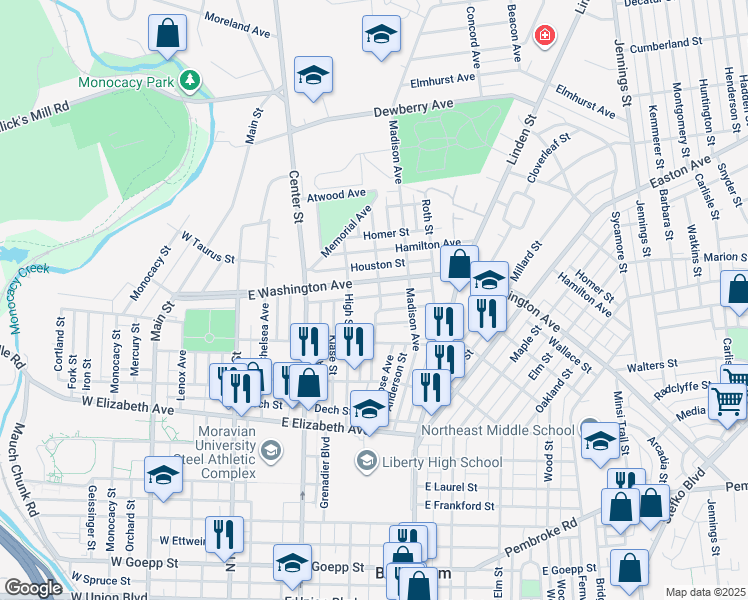 map of restaurants, bars, coffee shops, grocery stores, and more near 1553 Jefferson Avenue in Bethlehem