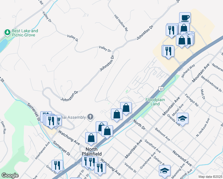 map of restaurants, bars, coffee shops, grocery stores, and more near 36 Edgemont Road in Watchung