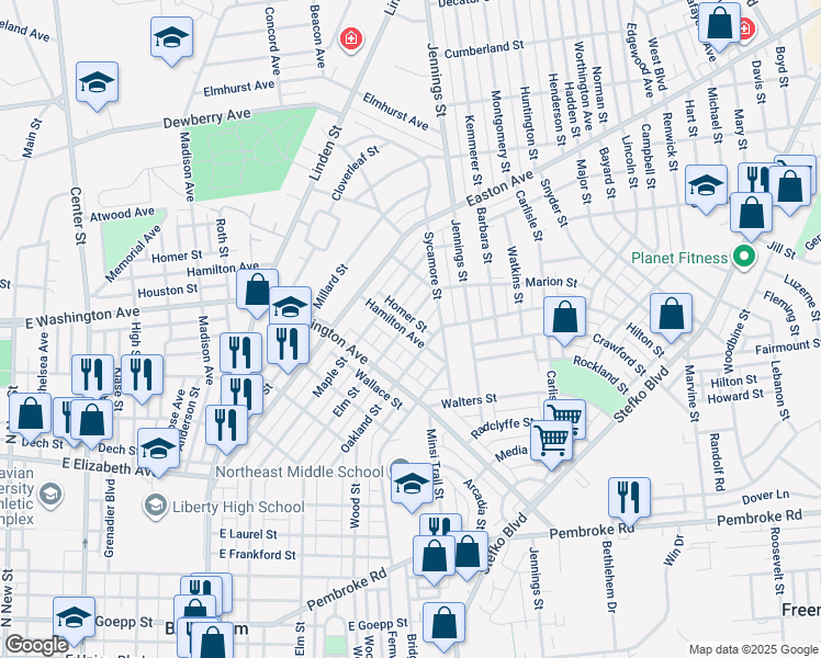 map of restaurants, bars, coffee shops, grocery stores, and more near 1704 Elm Street in Bethlehem