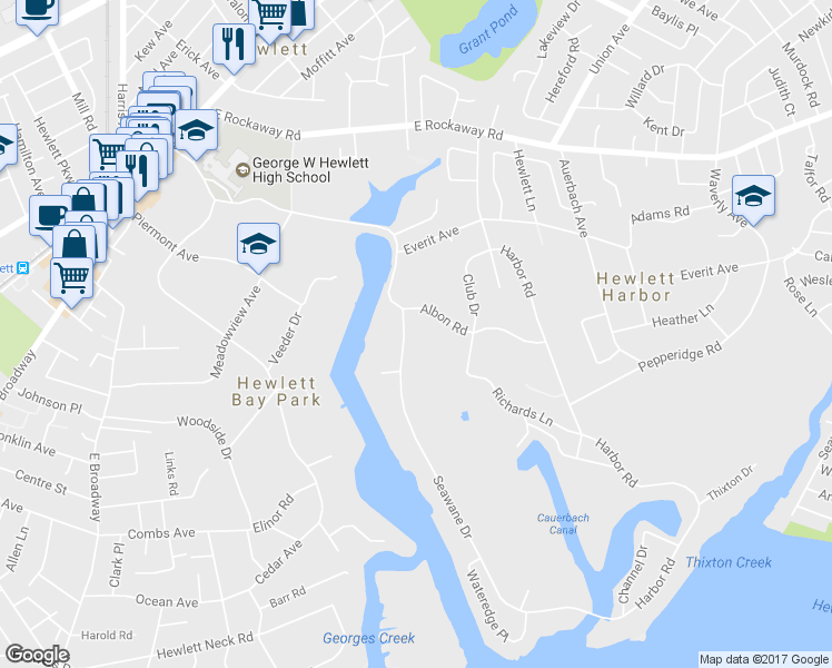 map of restaurants, bars, coffee shops, grocery stores, and more near 1303 Seawane Drive in Hewlett