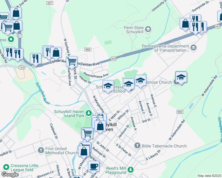 map of restaurants, bars, coffee shops, grocery stores, and more near 440 Hess Street in Schuylkill Haven