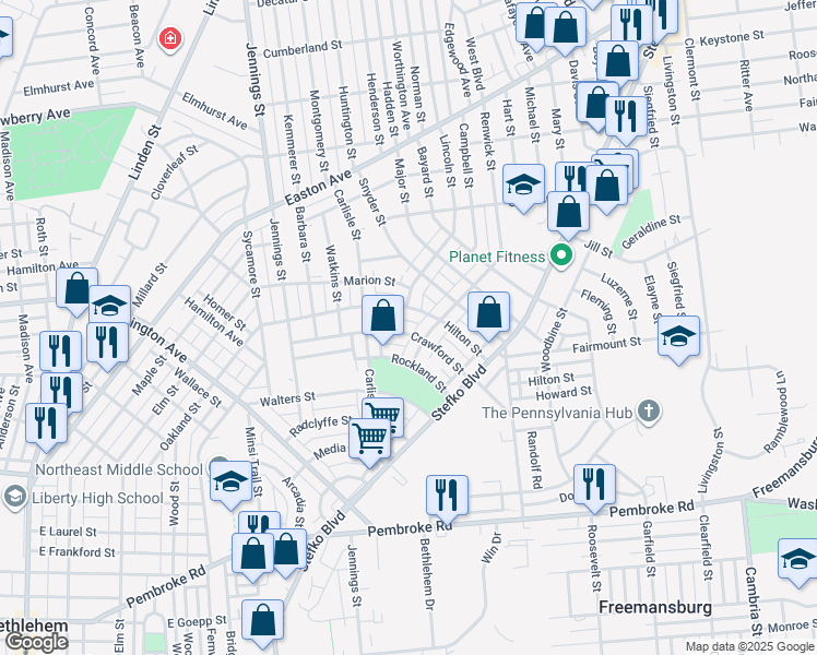 map of restaurants, bars, coffee shops, grocery stores, and more near 943 Crawford Street in Bethlehem