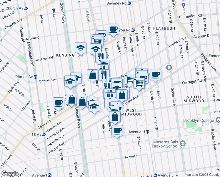 map of restaurants, bars, coffee shops, grocery stores, and more near 925 Coney Island Avenue in Brooklyn