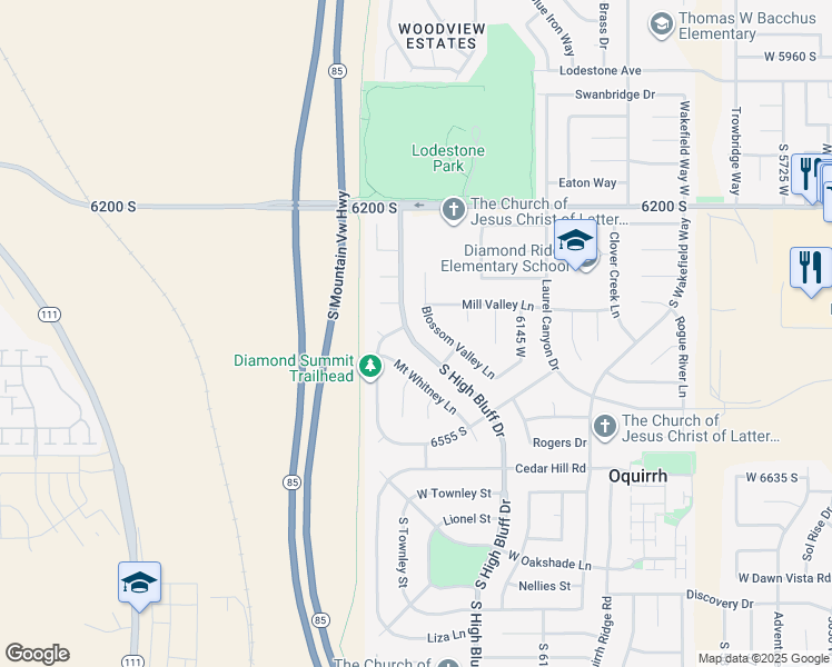 map of restaurants, bars, coffee shops, grocery stores, and more near 6401 South High Bluff Drive in West Valley City