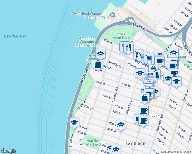 map of restaurants, bars, coffee shops, grocery stores, and more near 7259 Shore Road in Brooklyn