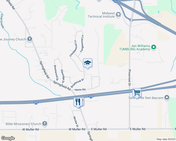 map of restaurants, bars, coffee shops, grocery stores, and more near 300 Briarbrook Drive in East Peoria