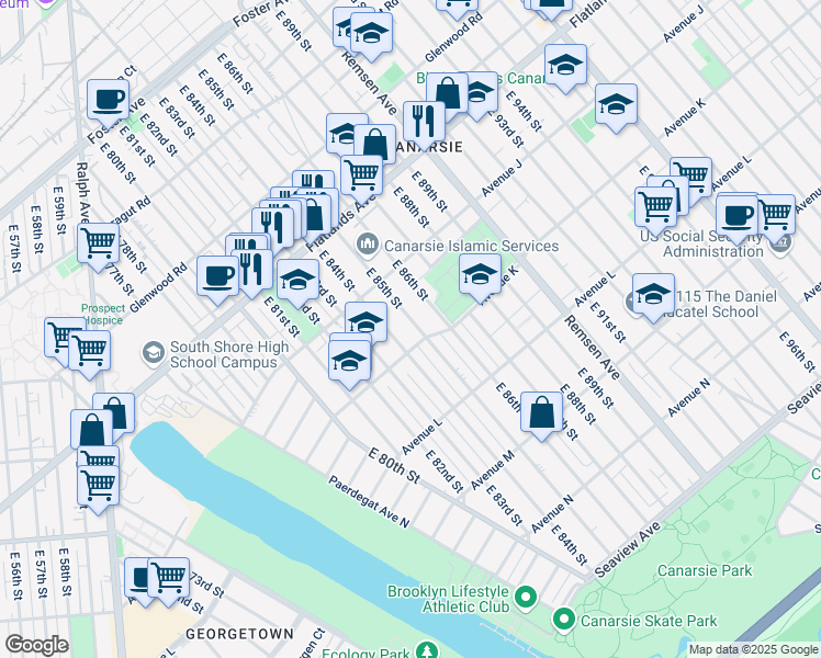 map of restaurants, bars, coffee shops, grocery stores, and more near 1068 East 85th Street in Brooklyn