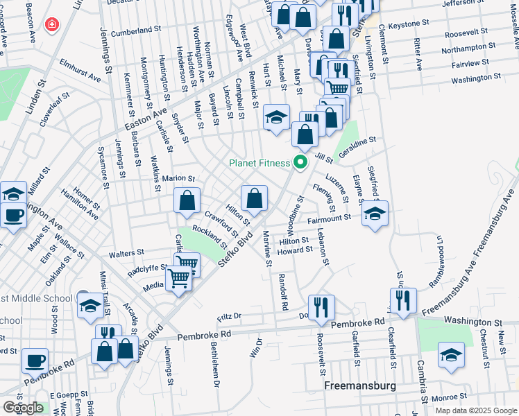 map of restaurants, bars, coffee shops, grocery stores, and more near 1516 Snyder Street in Bethlehem