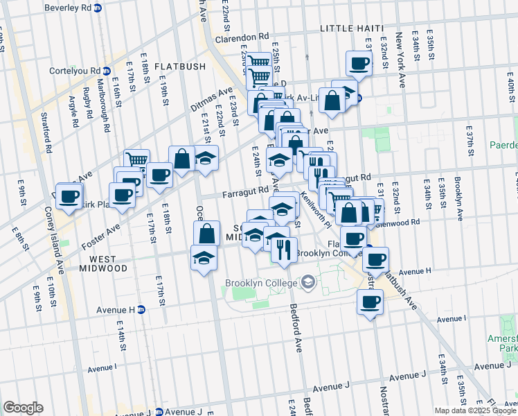 map of restaurants, bars, coffee shops, grocery stores, and more near 630 East 24th Street in Brooklyn