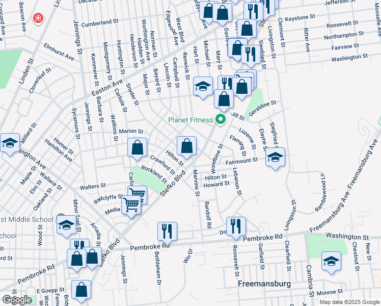 map of restaurants, bars, coffee shops, grocery stores, and more near 1516 Snyder Street in Bethlehem