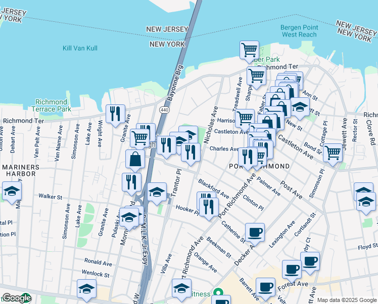 map of restaurants, bars, coffee shops, grocery stores, and more near 85 St Josephs Ave in Staten Island