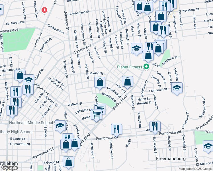 map of restaurants, bars, coffee shops, grocery stores, and more near 943 Crawford Street in Bethlehem
