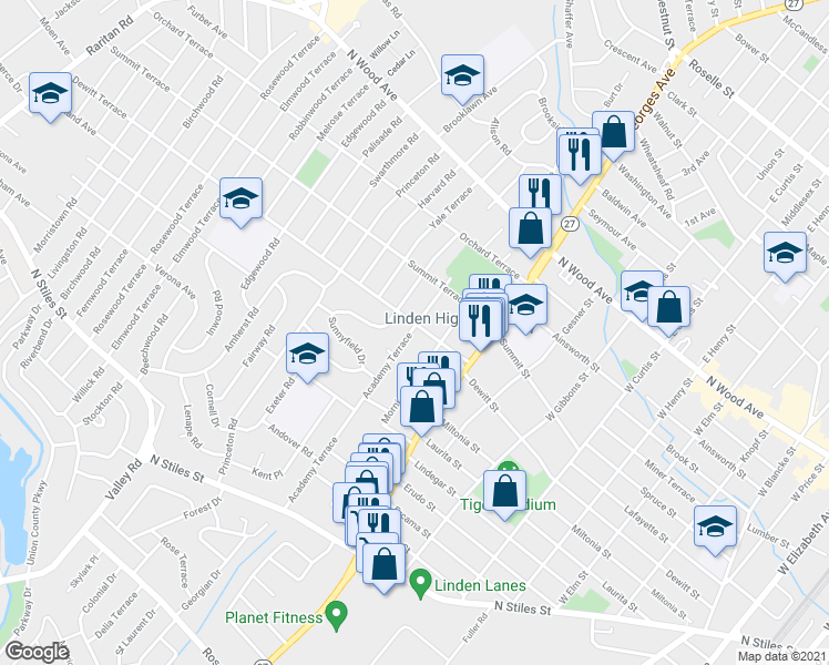 map of restaurants, bars, coffee shops, grocery stores, and more near 1125 Dewitt Terrace in Linden