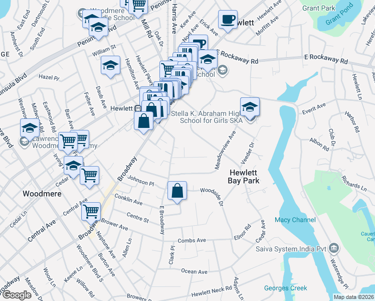 map of restaurants, bars, coffee shops, grocery stores, and more near 146 Midgely Drive in Hewlett