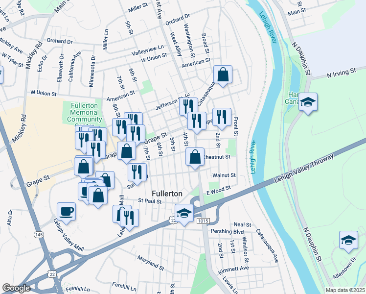 map of restaurants, bars, coffee shops, grocery stores, and more near 859 5th Street in Fullerton