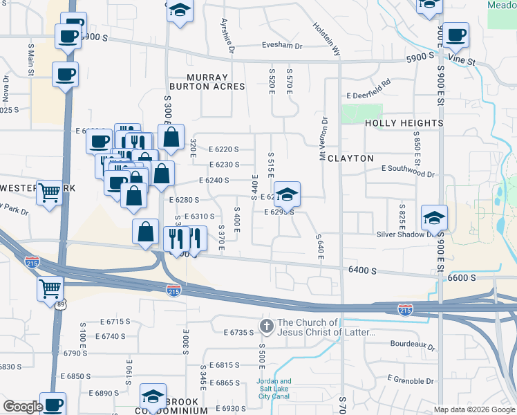 map of restaurants, bars, coffee shops, grocery stores, and more near 6285 South 440 East in Murray