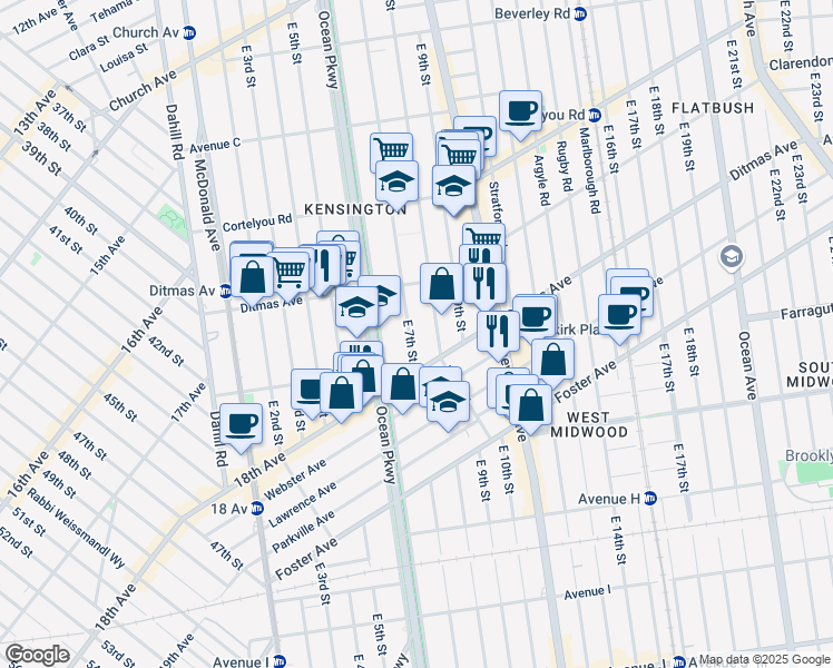 map of restaurants, bars, coffee shops, grocery stores, and more near 689 East 7th Street in Brooklyn
