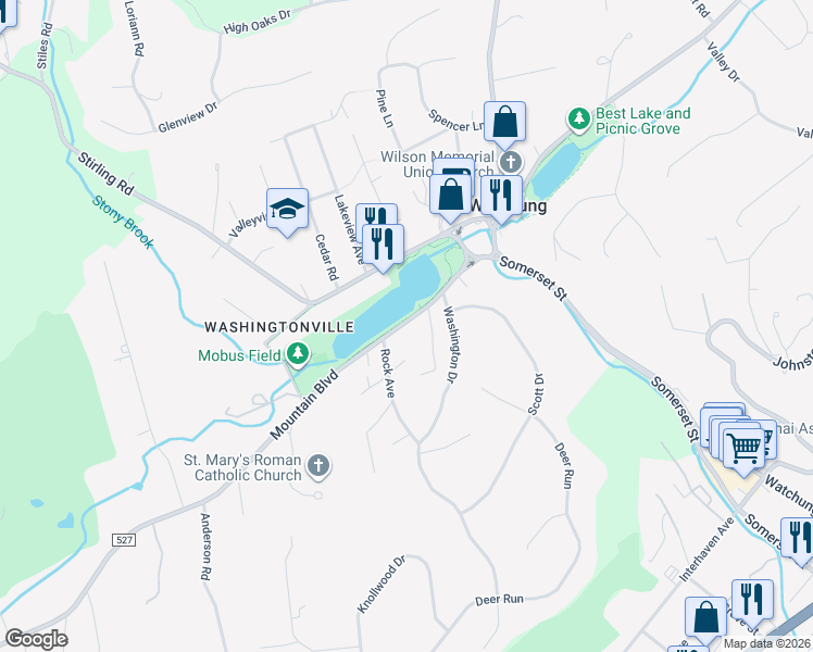 map of restaurants, bars, coffee shops, grocery stores, and more near 109 Mountain Boulevard in Watchung