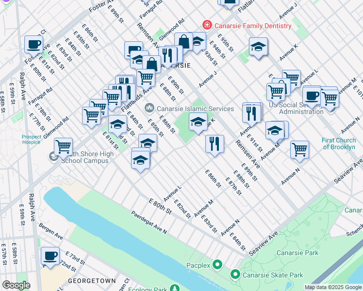 map of restaurants, bars, coffee shops, grocery stores, and more near 1086 East 86th Street in Brooklyn