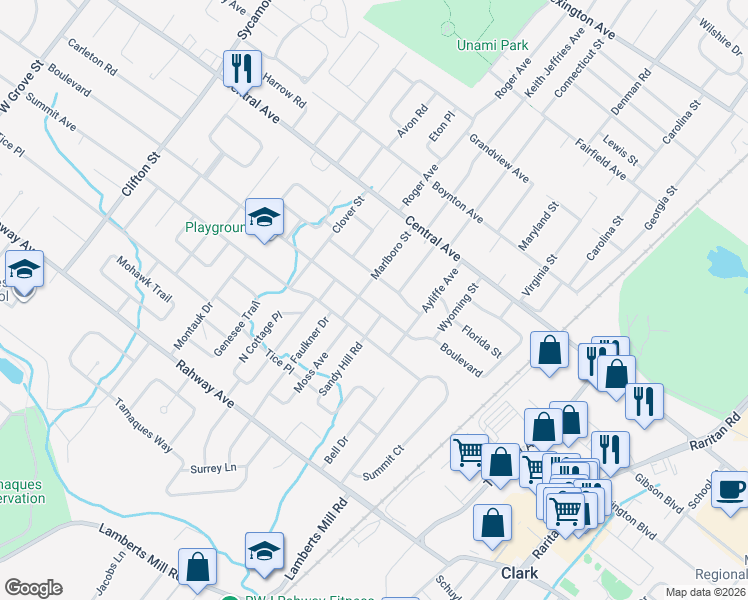 map of restaurants, bars, coffee shops, grocery stores, and more near 1505 Boulevard in Westfield