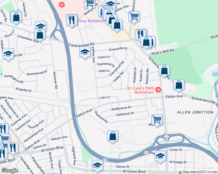map of restaurants, bars, coffee shops, grocery stores, and more near 1559 Valley Rd in Bethlehem