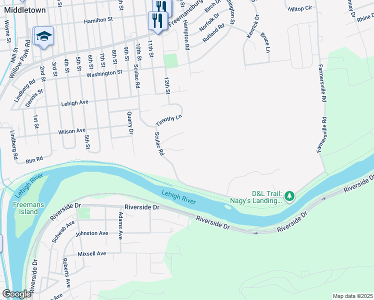 map of restaurants, bars, coffee shops, grocery stores, and more near 1410 Sculac Road in Bethlehem