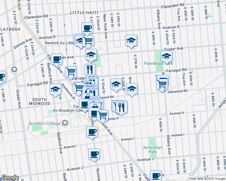 map of restaurants, bars, coffee shops, grocery stores, and more near 871 East 34th Street in Brooklyn