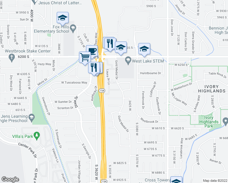 map of restaurants, bars, coffee shops, grocery stores, and more near 3531 West Green Springs Lane in West Jordan