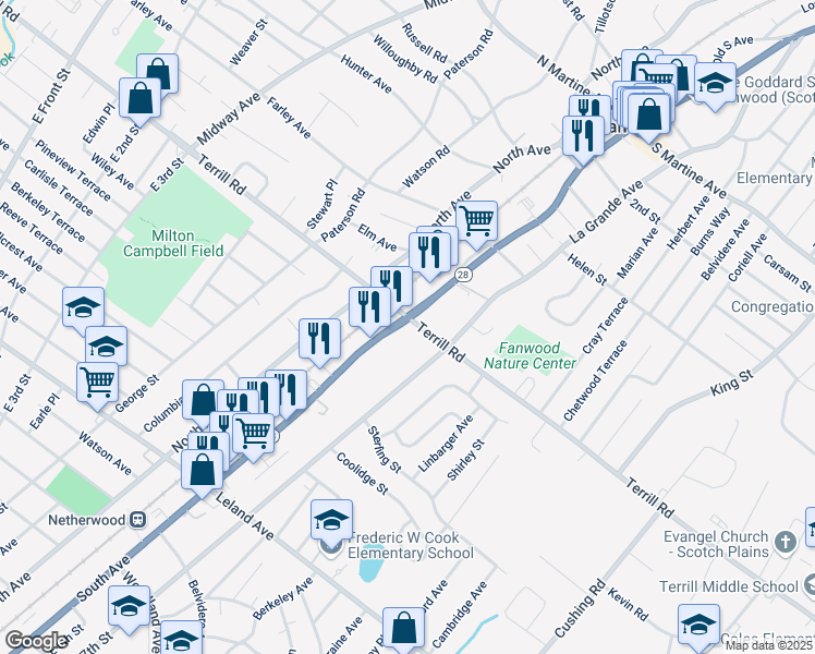 map of restaurants, bars, coffee shops, grocery stores, and more near 15 South Avenue in Fanwood
