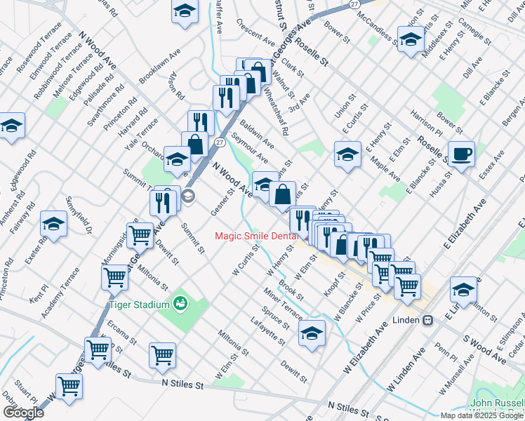 map of restaurants, bars, coffee shops, grocery stores, and more near in Linden