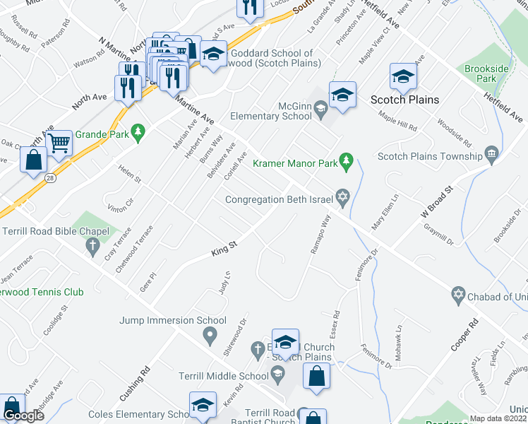 map of restaurants, bars, coffee shops, grocery stores, and more near 205 King Street in Fanwood