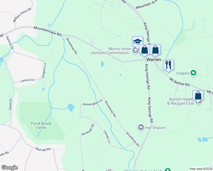 map of restaurants, bars, coffee shops, grocery stores, and more near 52 Broadway Road in Warren